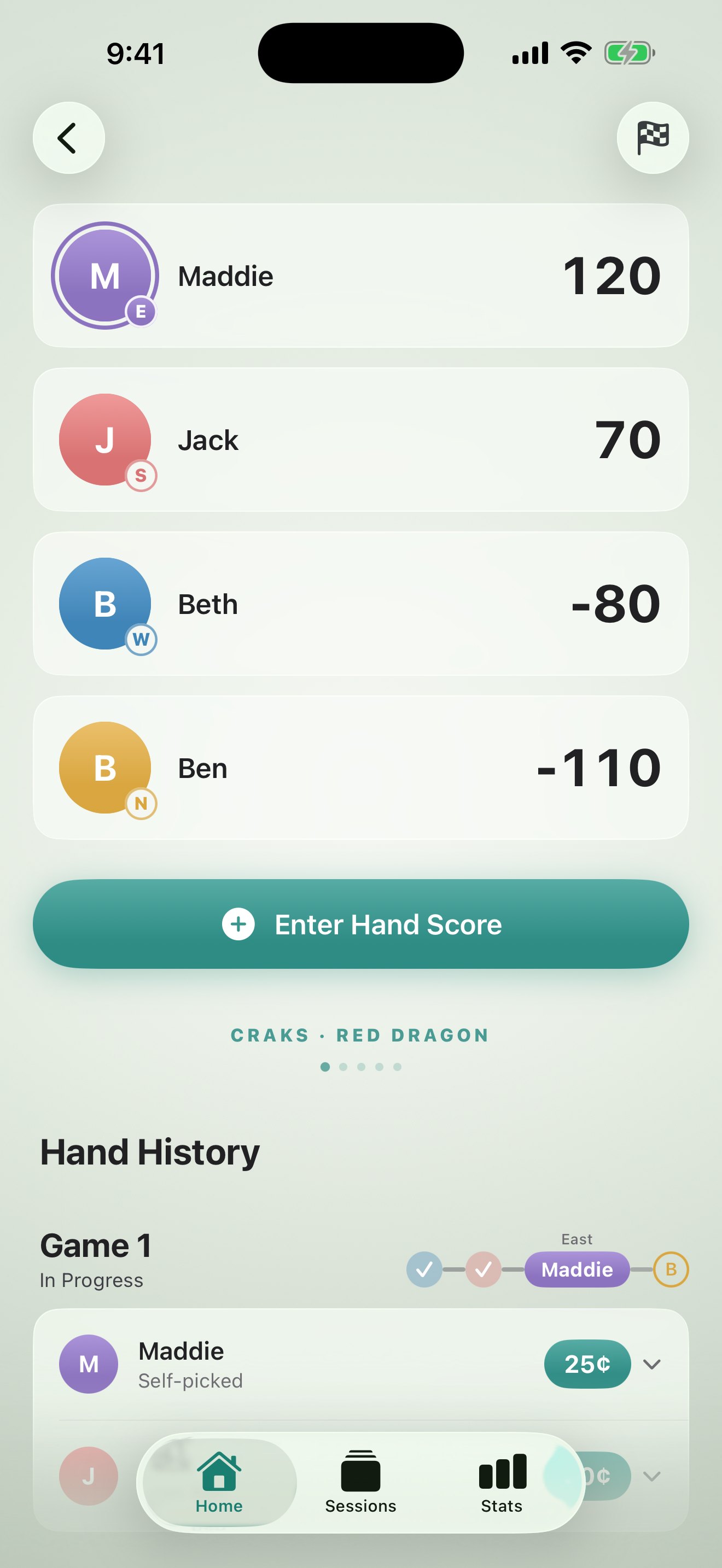 Mahj On mid-session: the leaderboard updates as each hand is scored