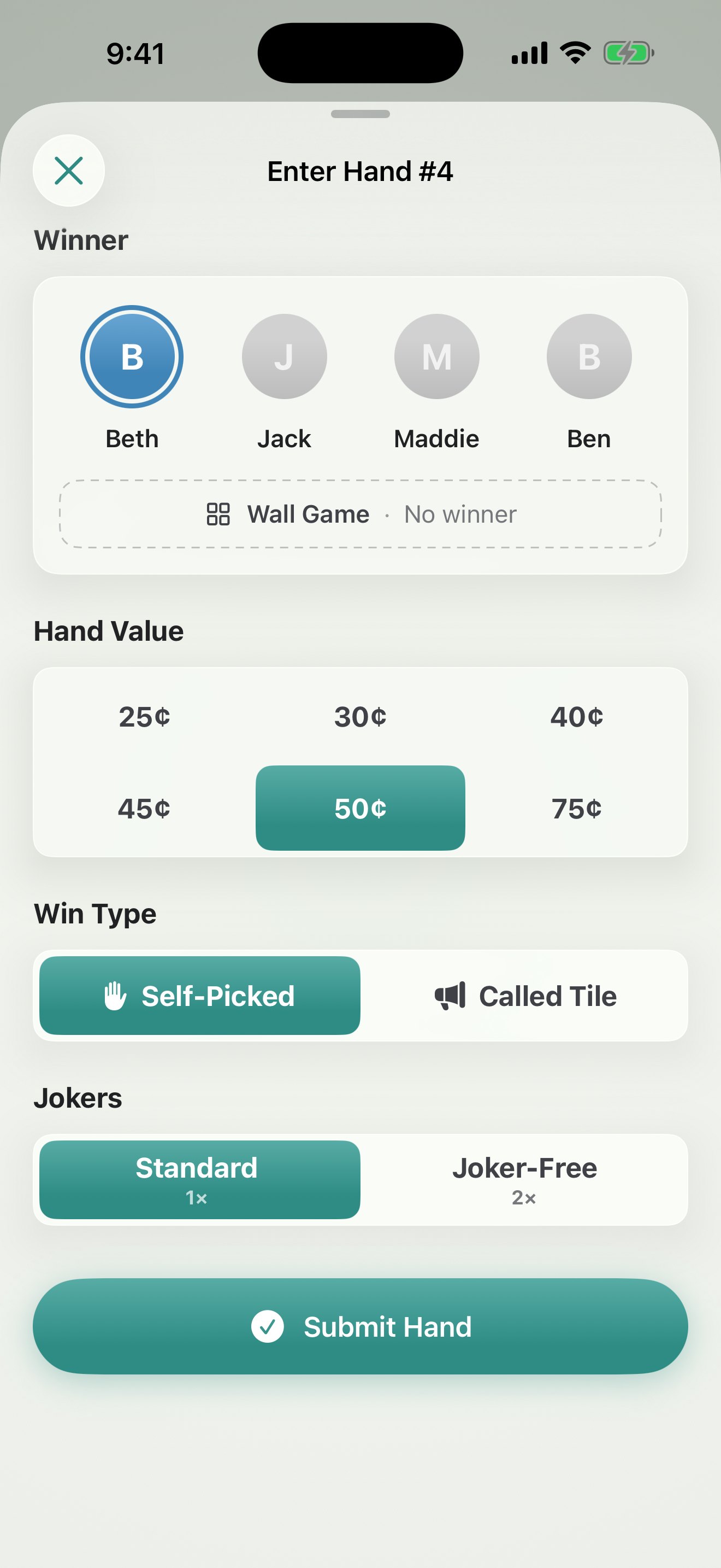 Scoring a hand mid-session: tap the winner, the value, and how it was won